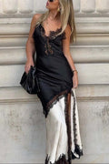 Soft and Romantic Satin Lace Trim Colorblock V-neck Side Slit Maxi Dress