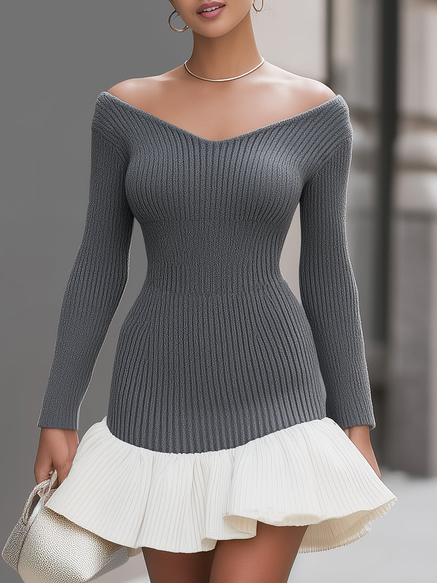 Contrast Ruffle Off-Shoulder Ribbed Knit Mini Dress