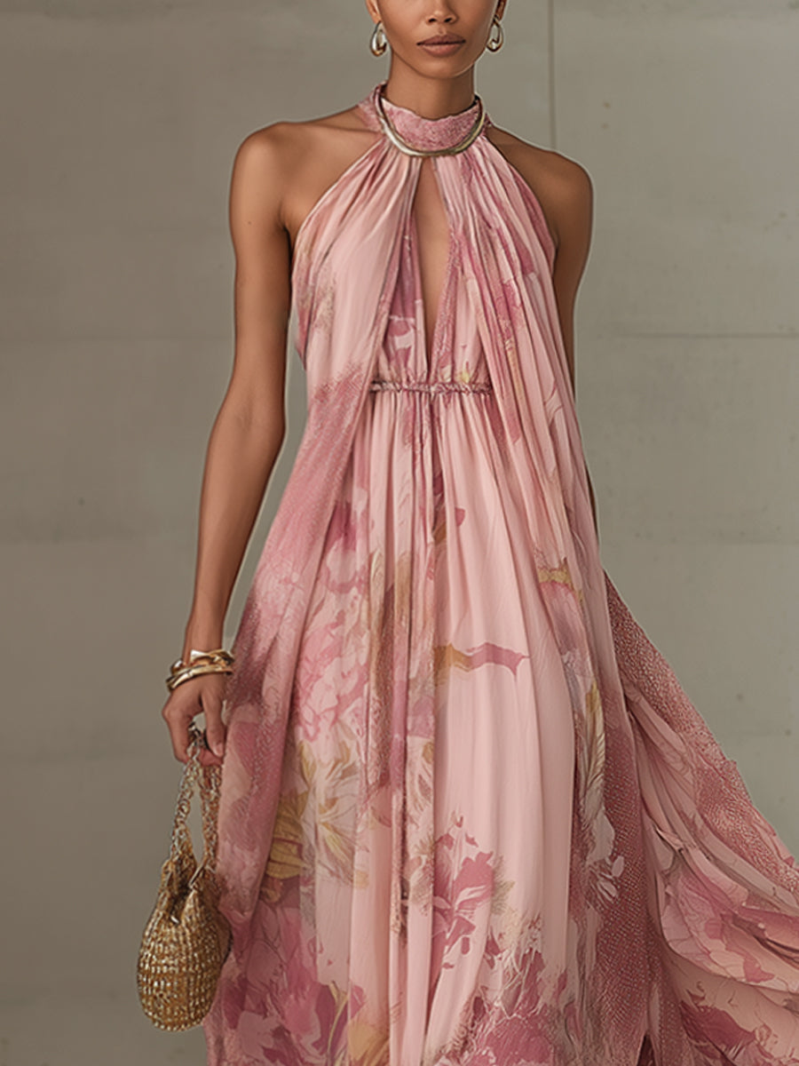 Blush Pink Chiffon Floral Cutout Sleeveless Maxi Dress