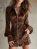 Retro Short Velvet Leopard Print Lantern Sleeve Mini Dress