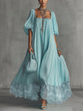 Sky Blue Pleated Chiffon Puff Sleeve Lace-Trim Maxi Dress