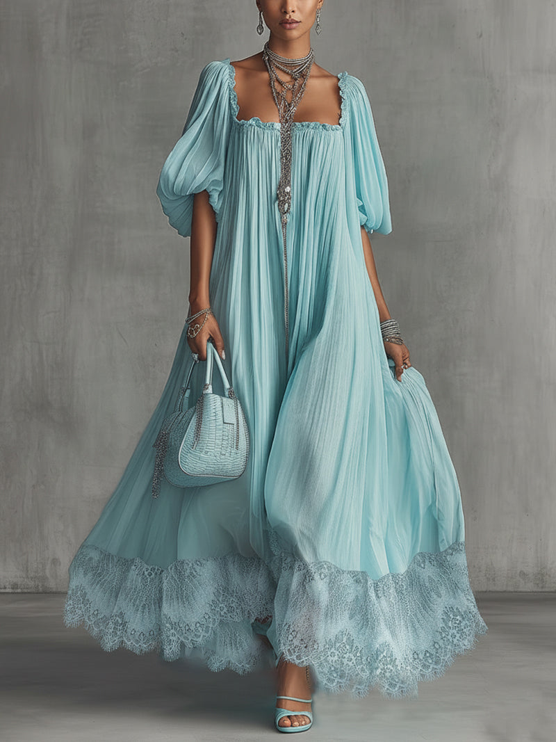Sky Blue Pleated Chiffon Puff Sleeve Lace-Trim Maxi Dress