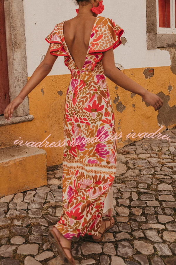 Unique Printed V-neck Open Back Ruffled Sleeves Slit Maxi Dress