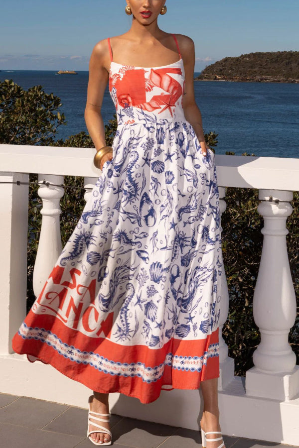 Unique Print Spaghetti Strap Gathered Holiday Maxi Dress