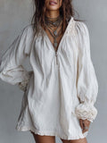Vintage-style Zip-up Collar Lace-trimmed White Mini Dress
