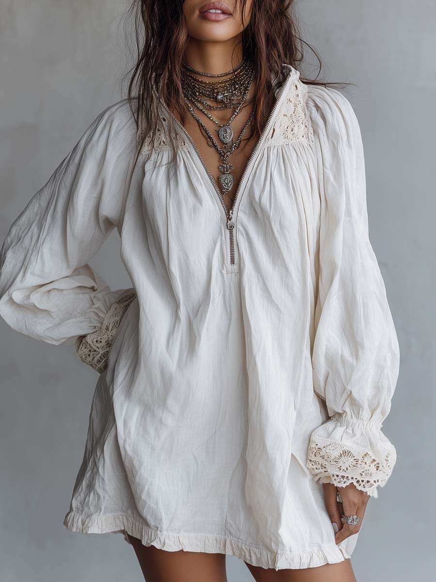 Vintage-style Zip-up Collar Lace-trimmed White Mini Dress