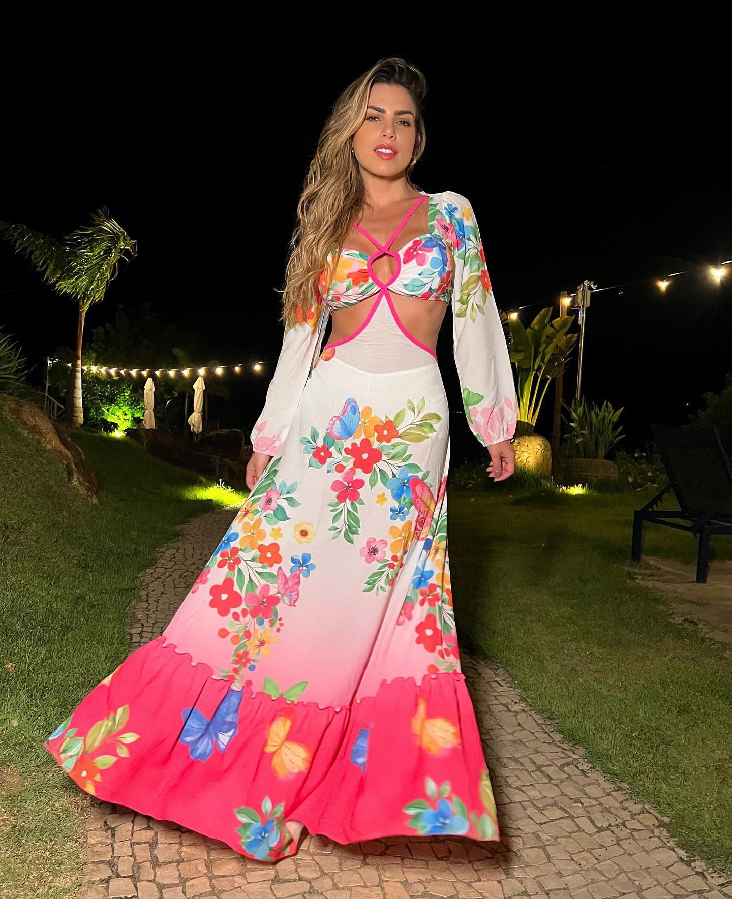 Blossom Printed V Neck Puff sleeve Cut Out Maxi Dress