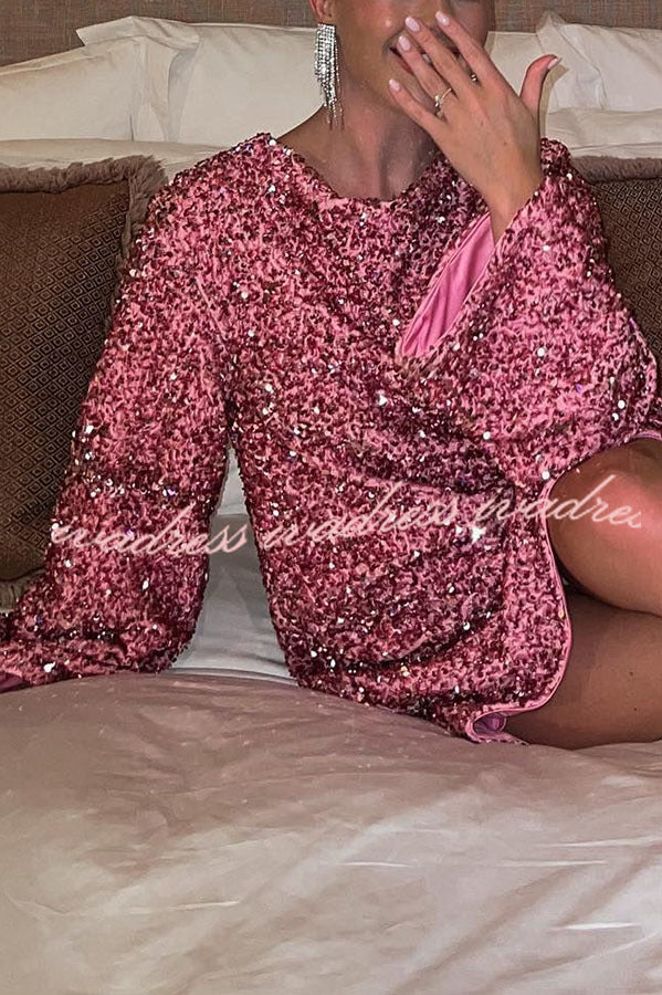 Dance All Night Sequin Back Tie Up Bow Loose Mini Dress