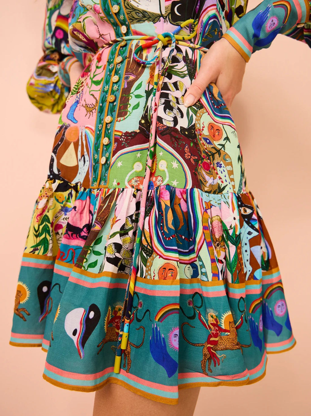 Lace up Printed Lantern Long Sleeve Mini Dress