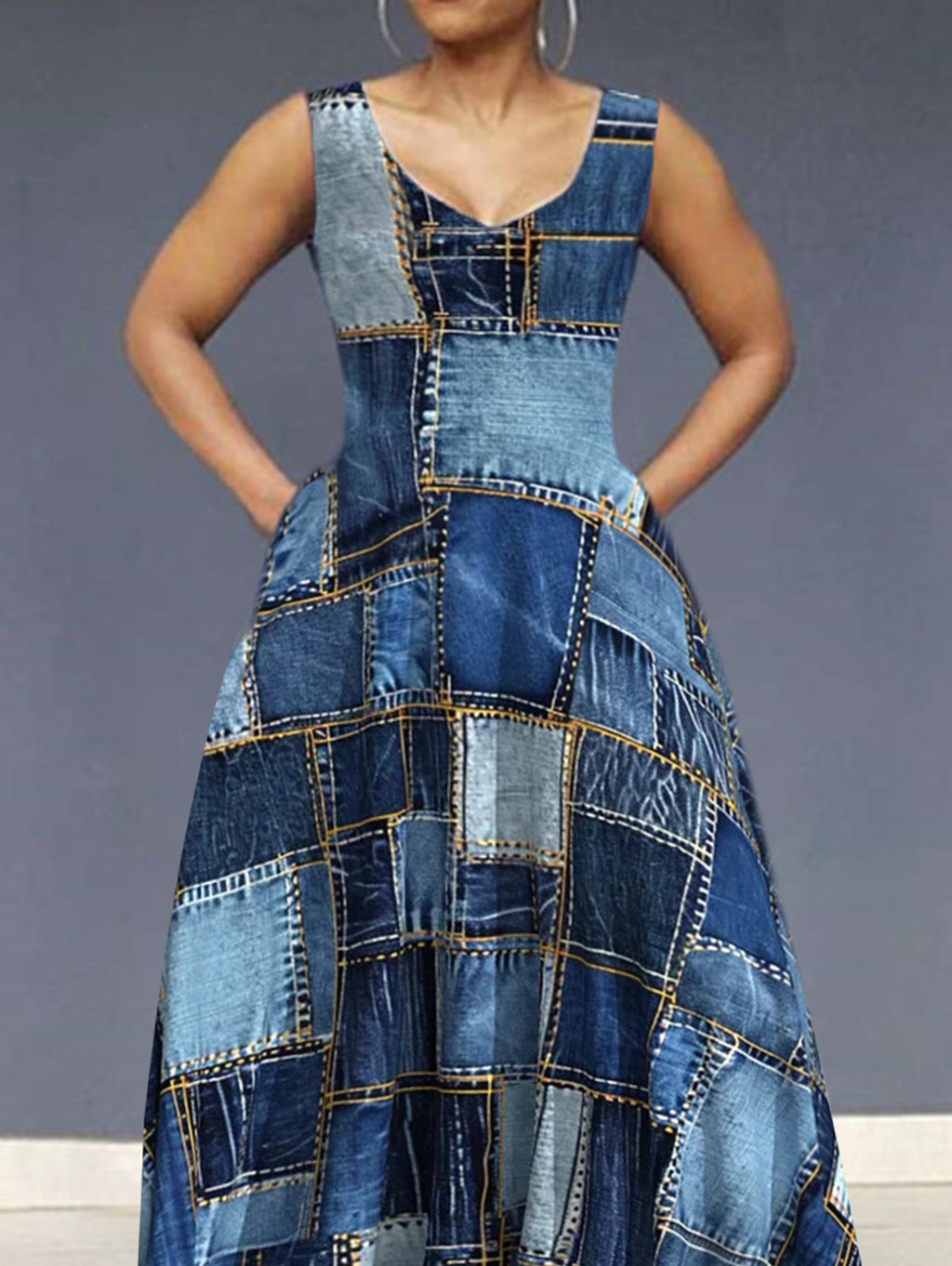 sheenchic Denim Allover Pattern V Neck Sleeveless Maxi Dress