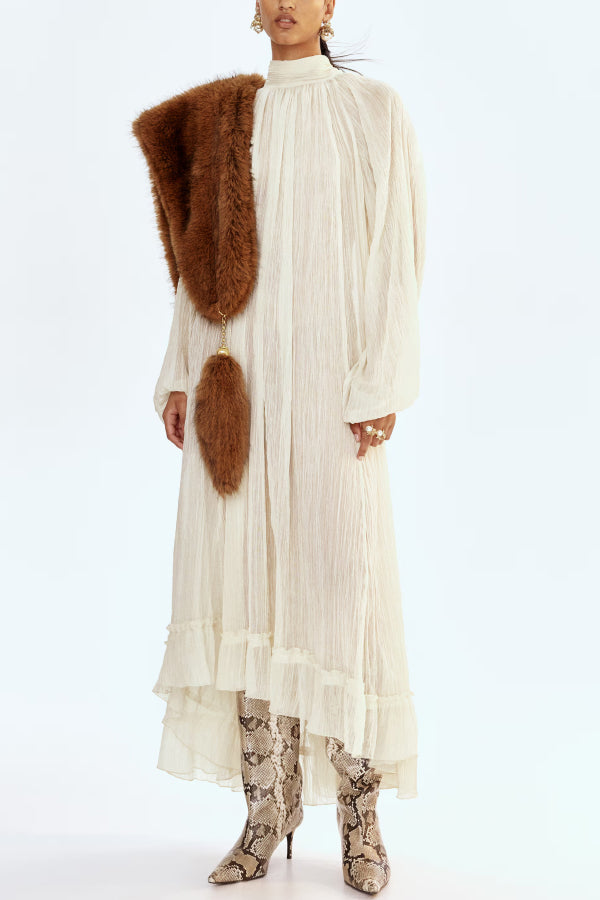 Solid Color High-neck Long-sleeved Loose Ruffle Maxi Dress