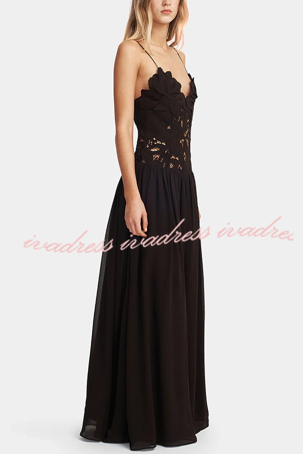 Stephanie Flower Crochet Lace Bust Chiffon Fluffy Hem Maxi Dress