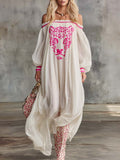 Elegant Flowing. Ultra-loose Off-shoulder Pink Leopard Print Off-white Chiffon Maxi Dress