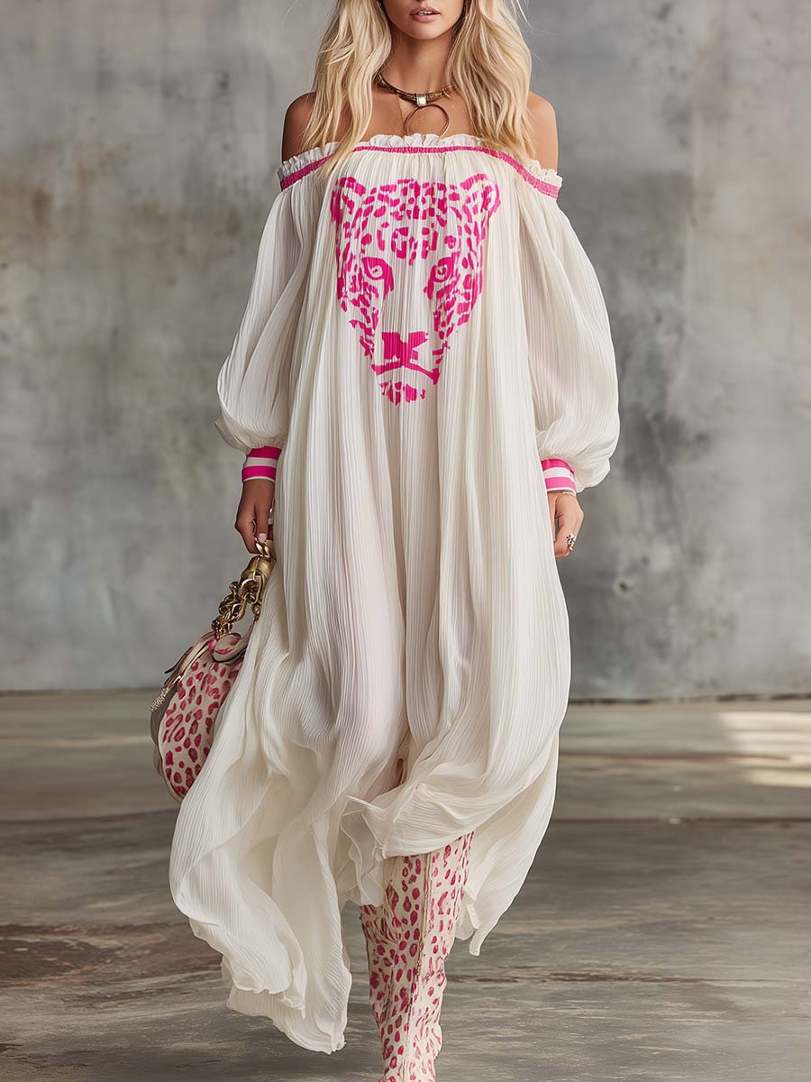 Elegant Flowing. Ultra-loose Off-shoulder Pink Leopard Print Off-white Chiffon Maxi Dress