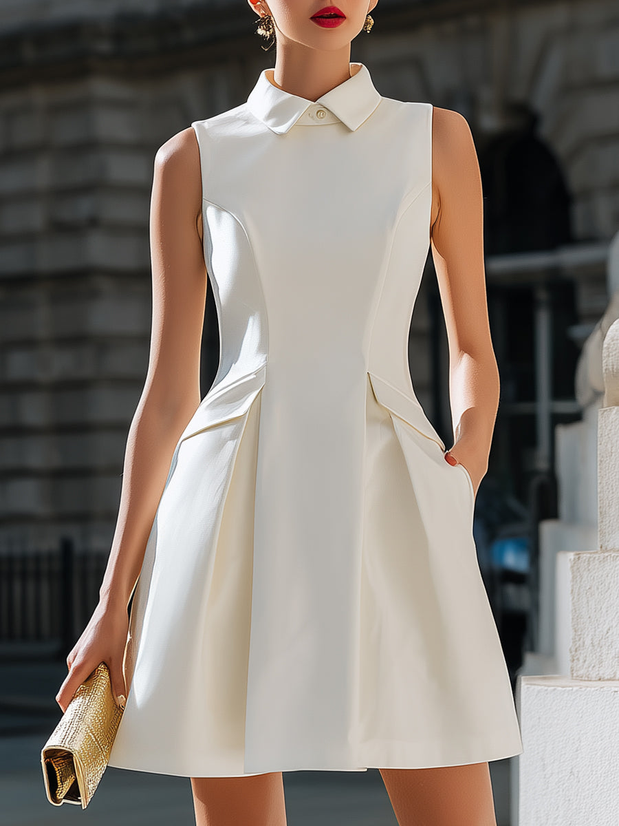 Sleeveless Collared A-Line Mini Dress With Sculpted Waist