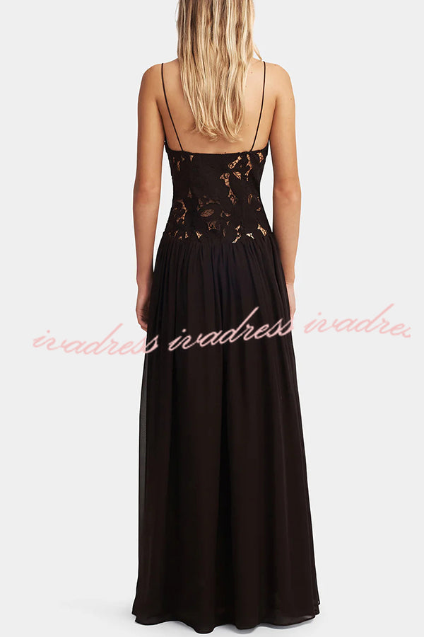 Stephanie Flower Crochet Lace Bust Chiffon Fluffy Hem Maxi Dress