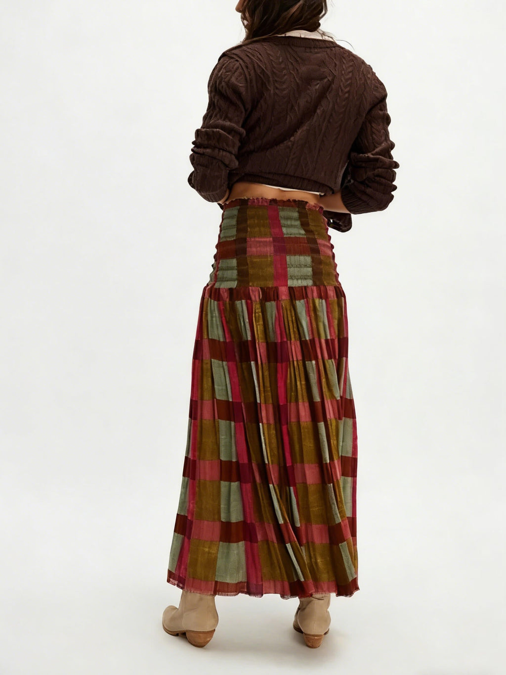 Retro Plaid Pleated Maxi Skirt