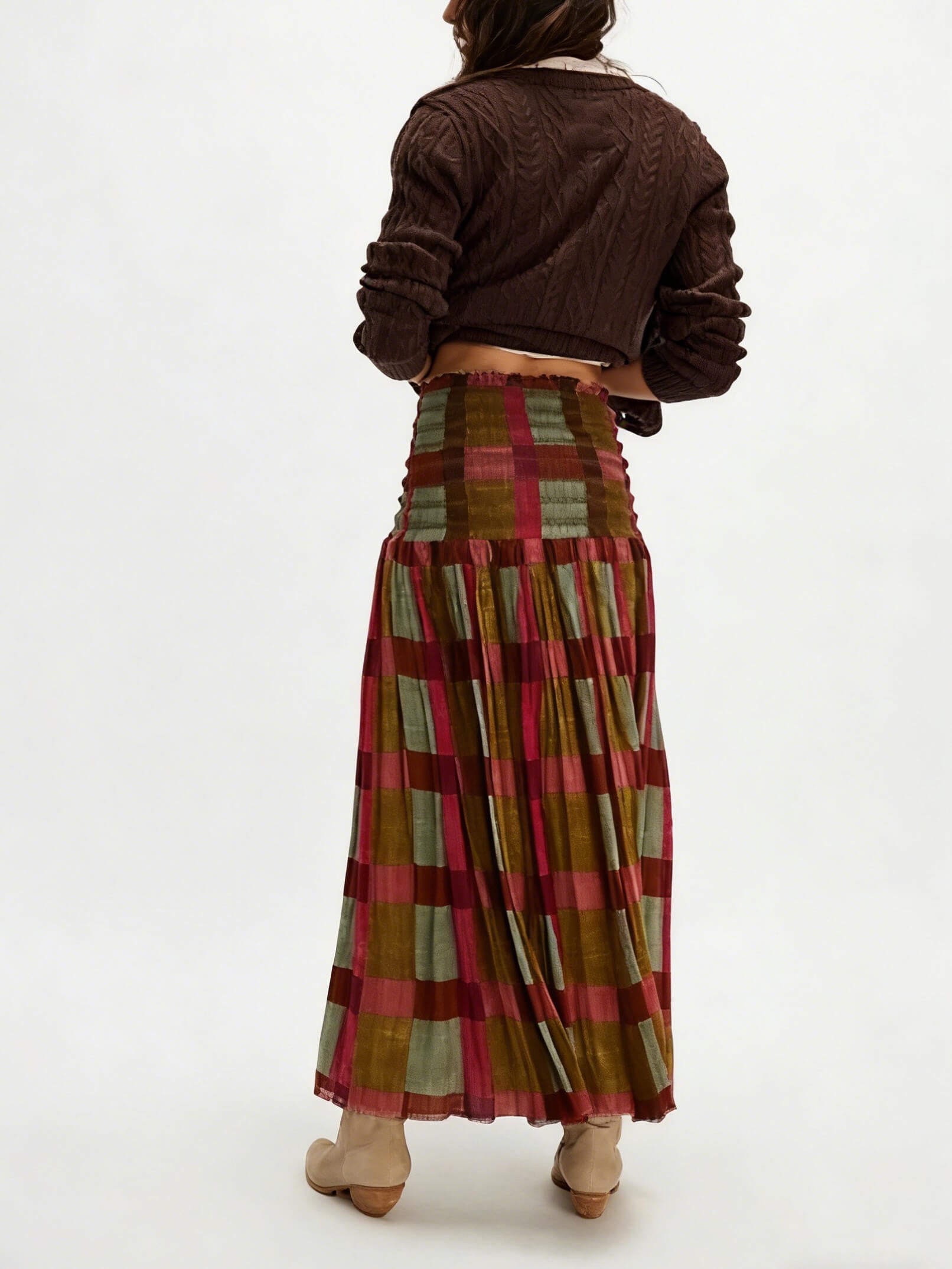 Retro Plaid Pleated Maxi Skirt
