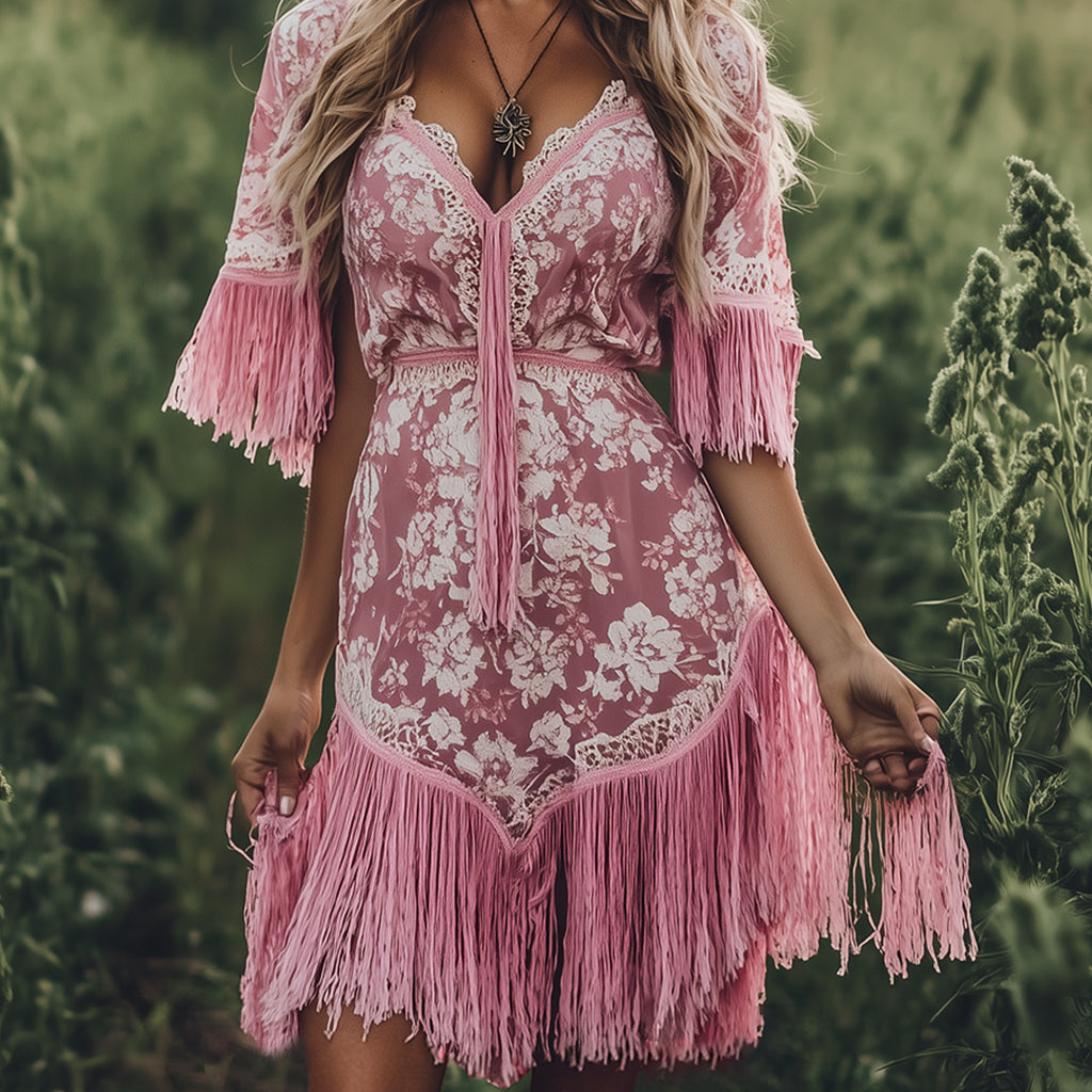 sheenchic Floral Pattern V Neck Lace Trim Fringe Mini Dress