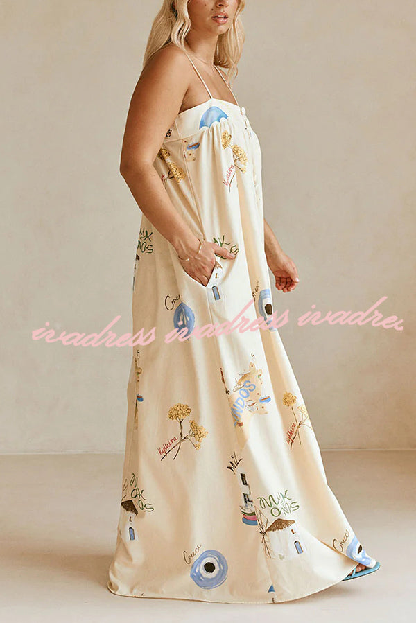 Linen Blend Sling Backless Loose Holiday Maxi Dress