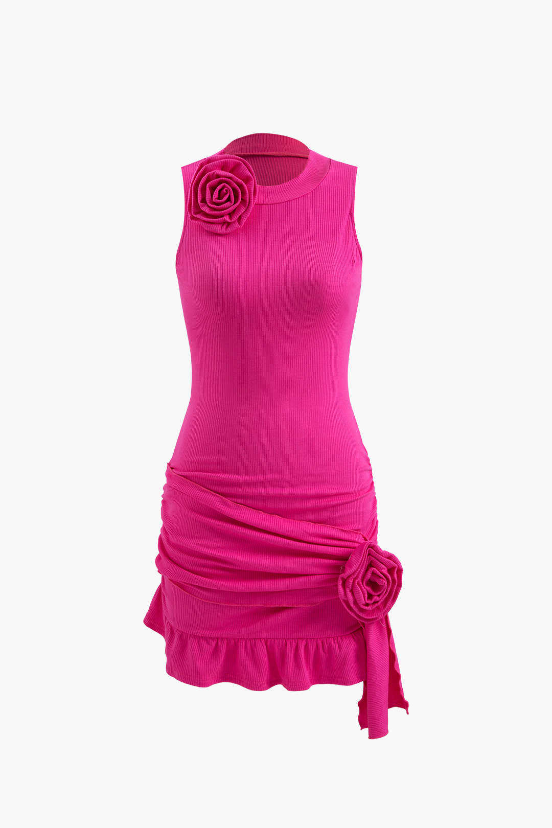 Rose Corsage Rib Knit Ruffle Hem Mini Dress