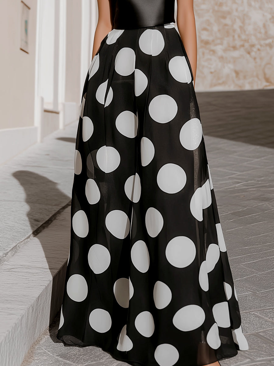 Sleeveless Polka Dot Maxi Dress With Structured Bodice