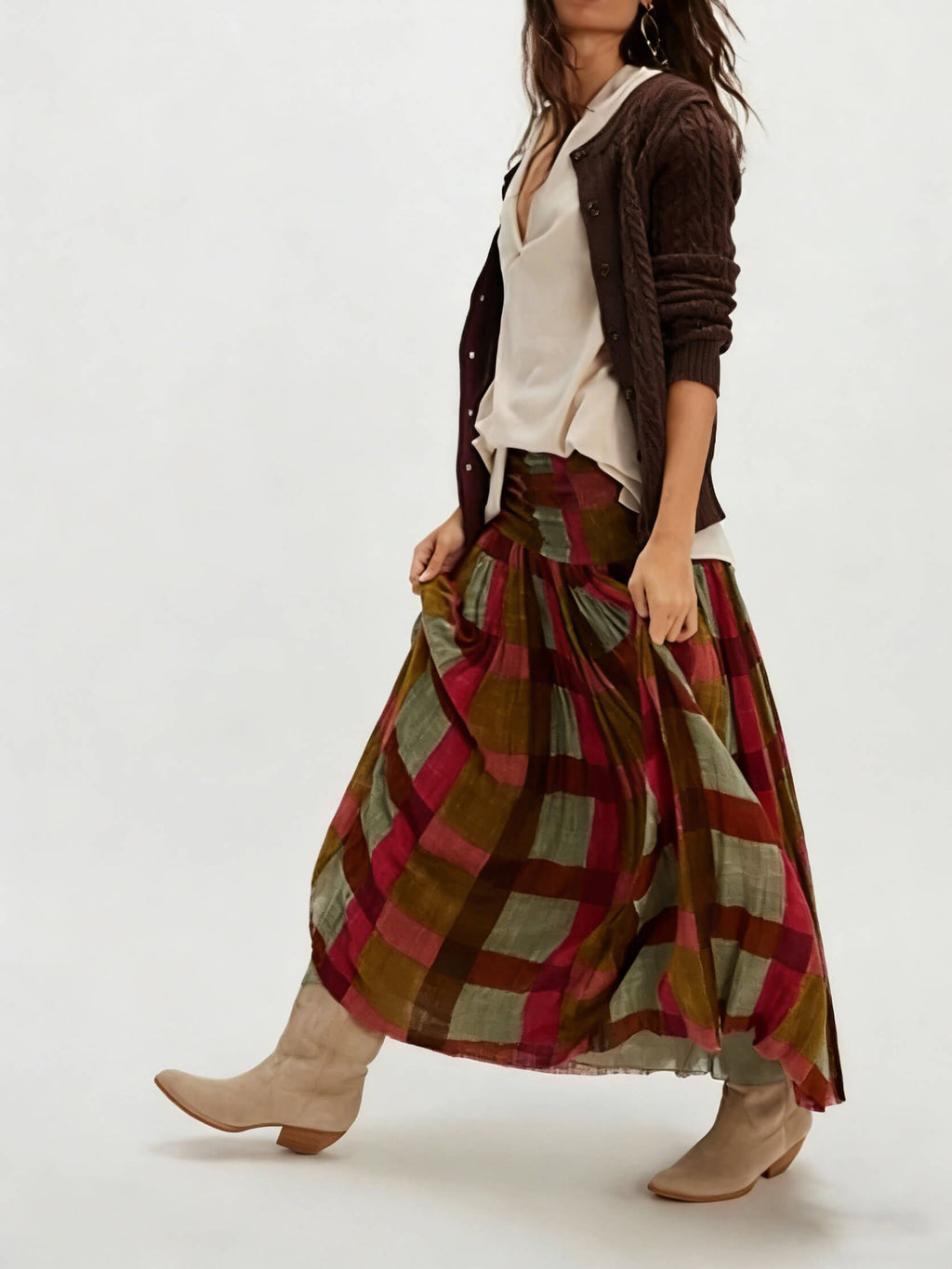Retro Plaid Pleated Maxi Skirt