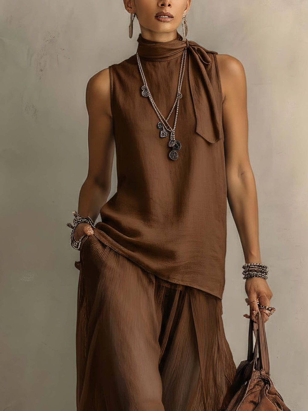 Brown Cotton-Linen Chiffon Patchwork Maxi Dress With Tie Neck