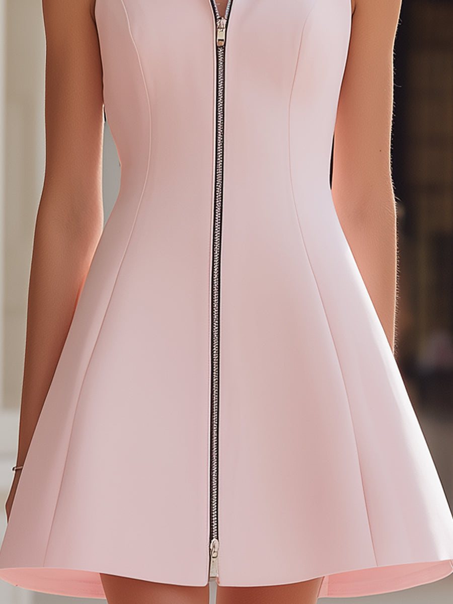 Playful Pink Hooded Zip-Front Mini Dress