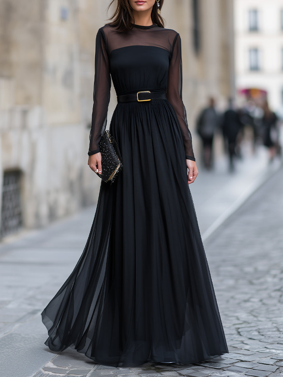 Sheer Long Sleeve Pleated Maxi Dress