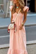 V-neck Waist Loose Hem Ruffled Long Dress
