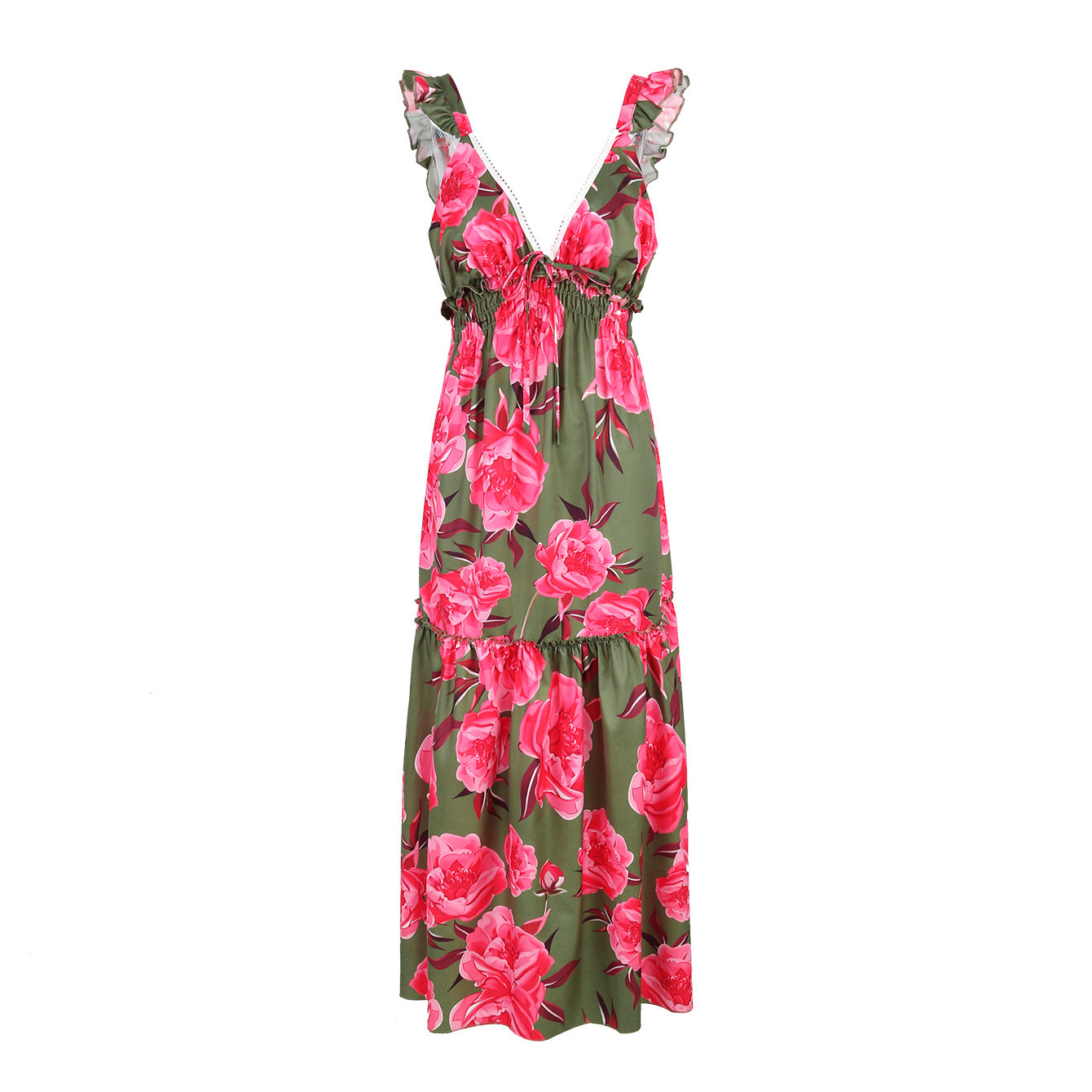Ruffle Printed Cut Out Maxi Dress