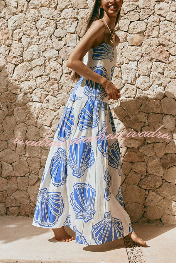 Linen Blend Shell Print Loose Strappy Resort Style Maxi Dress