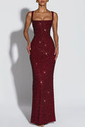 Calanthe Sequin Embellished Chiffon Ruched Square Neck Back Lace-up Maxi Dress