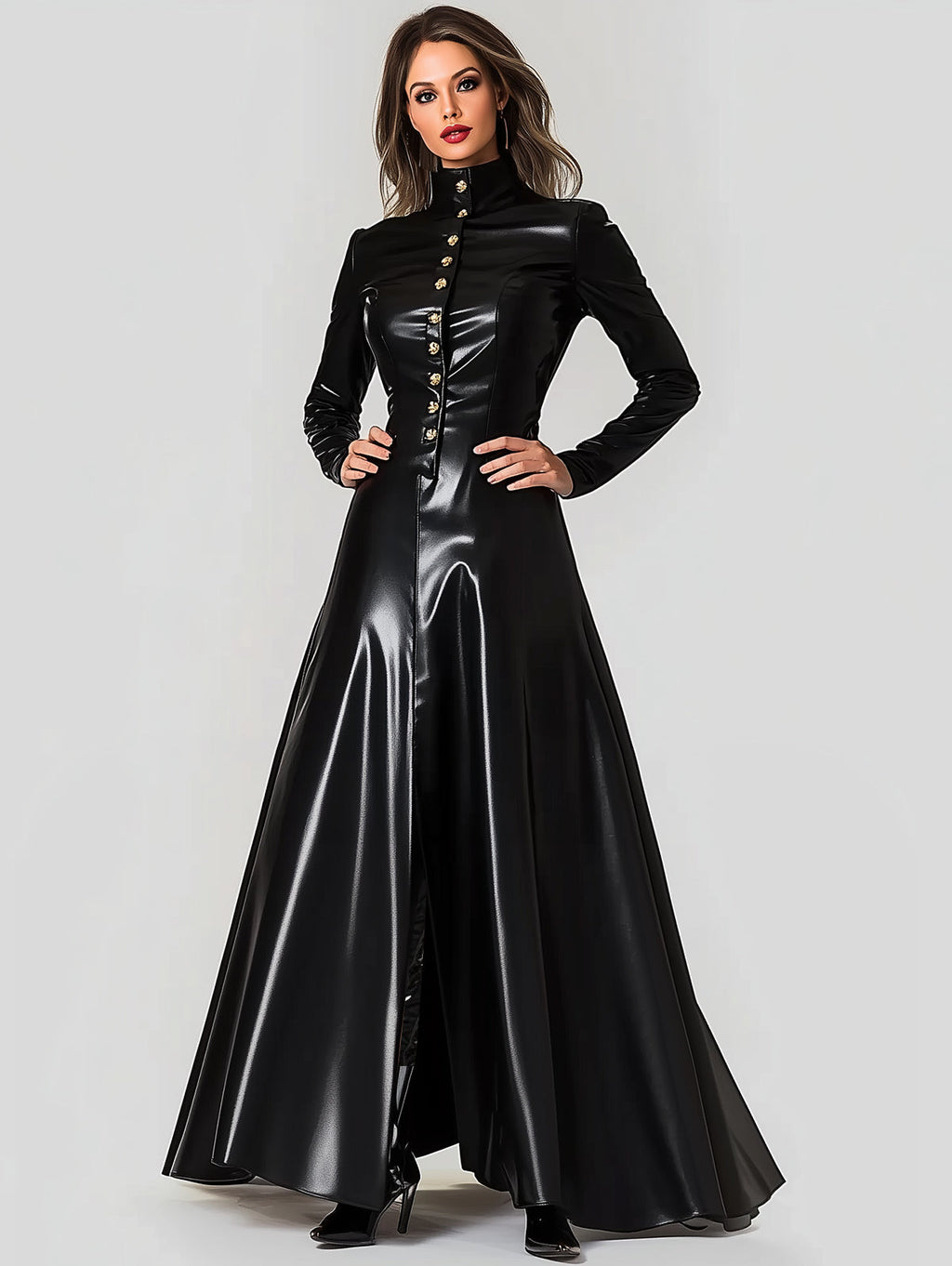 sheenchic PU Leather High Neck Button Up Maxi Dress
