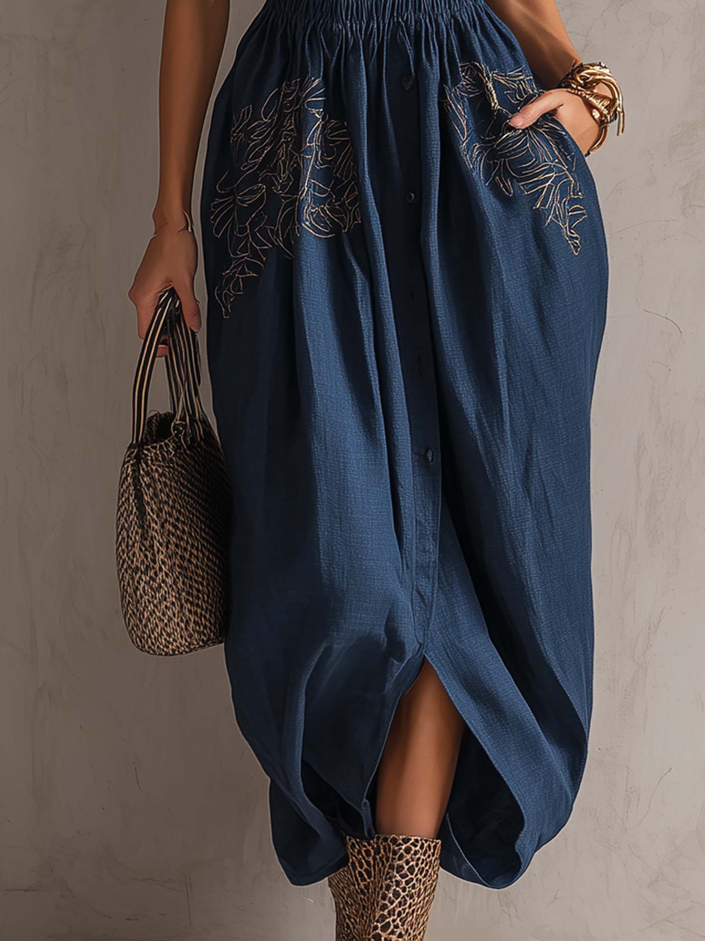 Deep Blue Off Shoulder Cotton Linen Maxi Dress With Embroidered Floral Detail