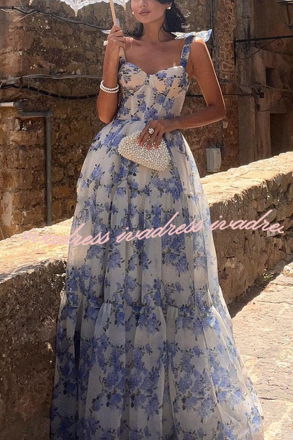 Fairytale Itself Organza Floral Print Tie Strap Maxi Dress