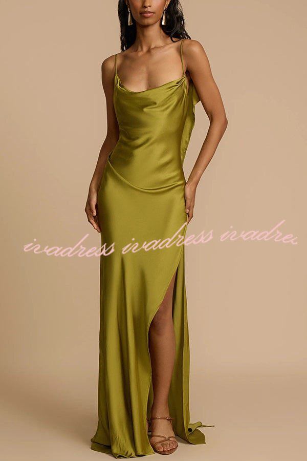 Evening Date Satin Cowl Neck Drape Ruffle Backless Bias Cut Party Maxi Dress