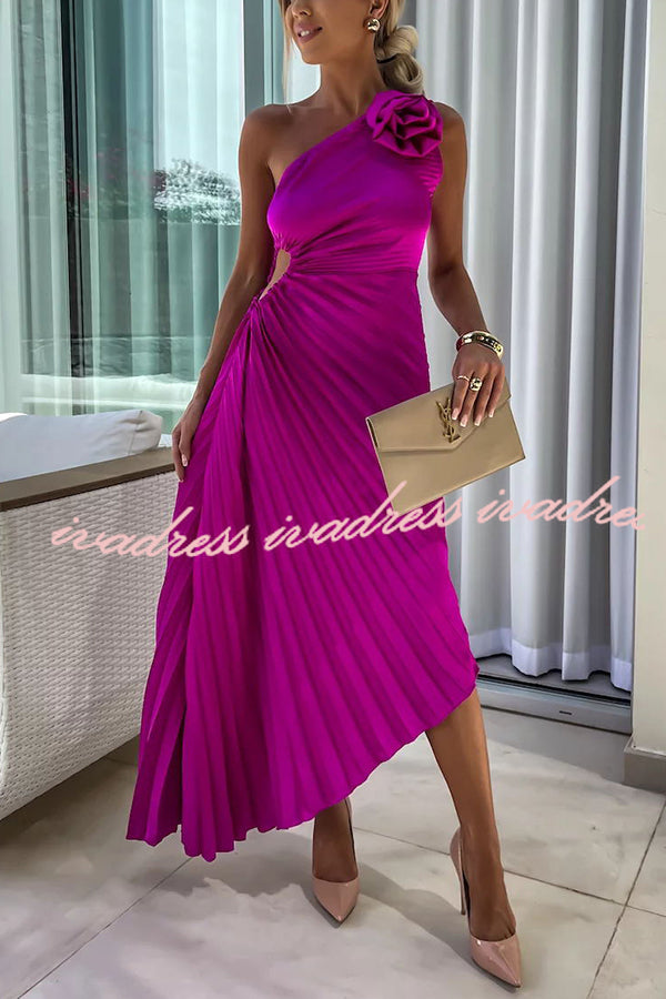 Romantic Nights Satin Raised Flower Elastic Cutout One Shoulder Pleated Maxi Dress
