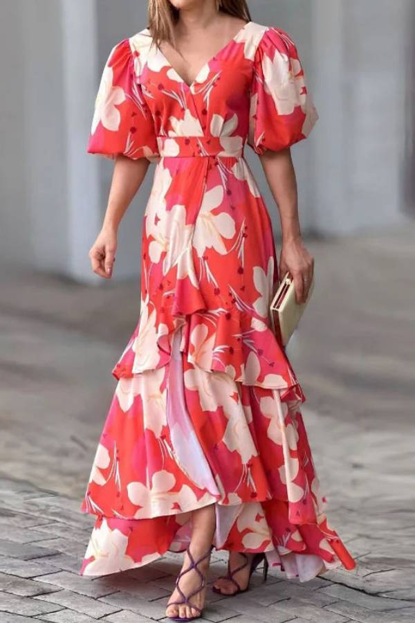 Fashionable Elegant V Neck Printed Party / Vocation Layered Dress