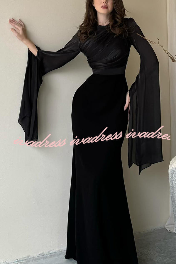 Liora Ruched Organza and Satin Patchwork Design Long Bell Slit Sleeve Maxi Dress