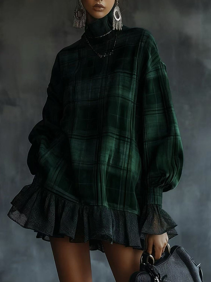 Daily Blue Plaid High Collar Lantern Sleeve Long Sleeve Pocket Vintage Contrast Mini Dresses