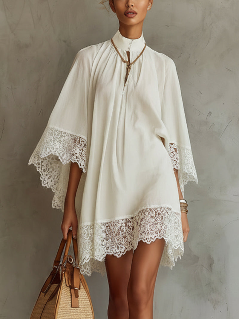 White High-Neck Lace Trim Cape Linen Mini Dress