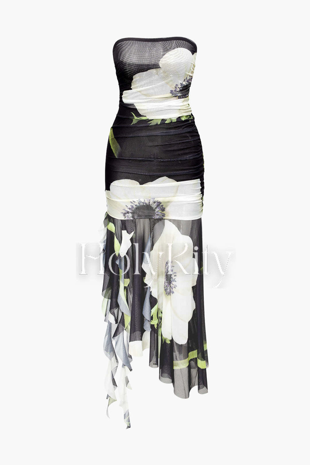 Floral Print Mesh Asymmetric Ruffle Hem Mini Dress