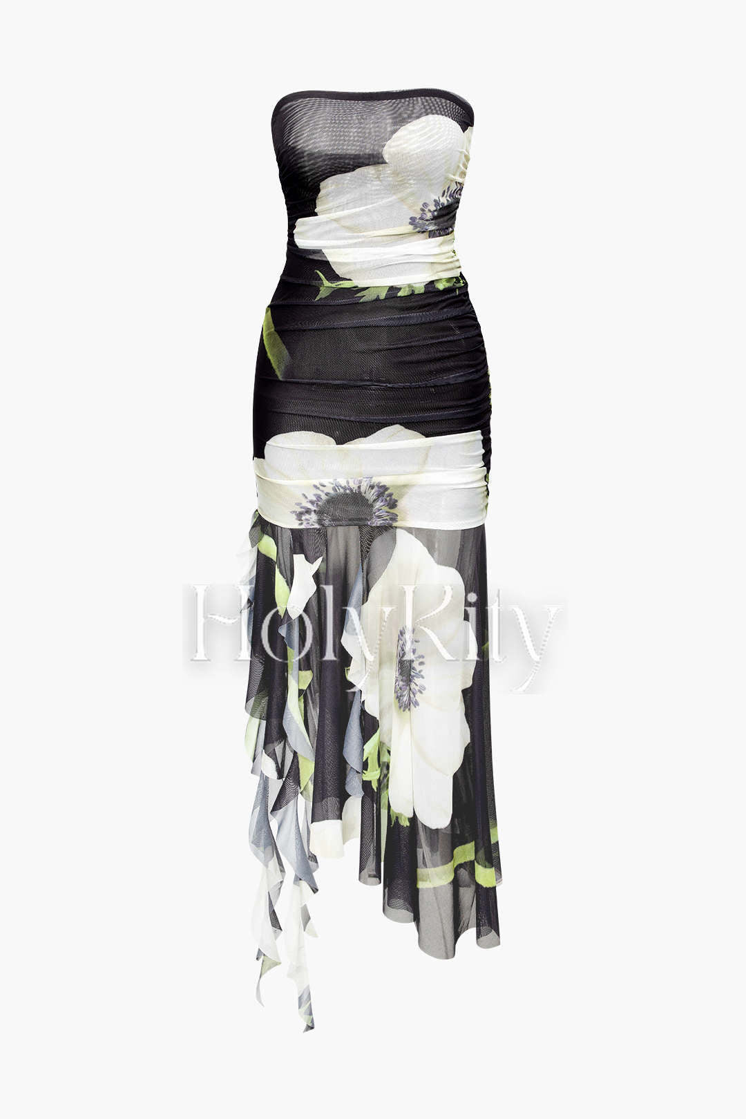 Floral Print Mesh Asymmetric Ruffle Hem Mini Dress