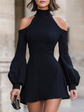 Mock Neck Cold-Shoulder Puff Sleeve Mini Dress