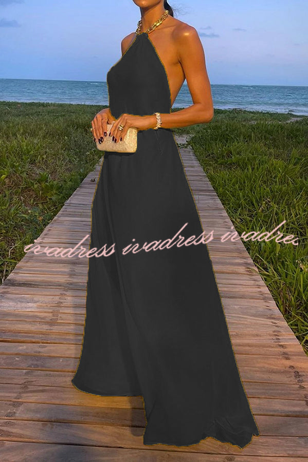Sunny in Santorini Metal Chain Halter Backless A-line Vacation Maxi Dress