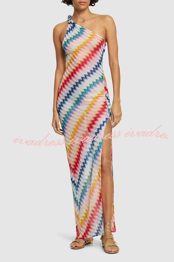 Vacay Charm Knit Colorful Zigzag Pattern One Shoulder Slit Maxi Dress