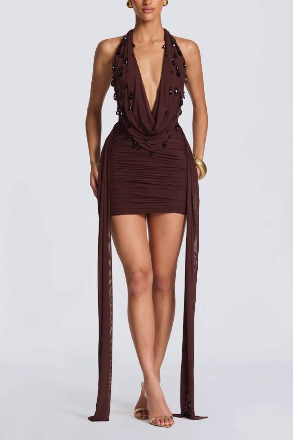 Halter-neck pleated mini dress