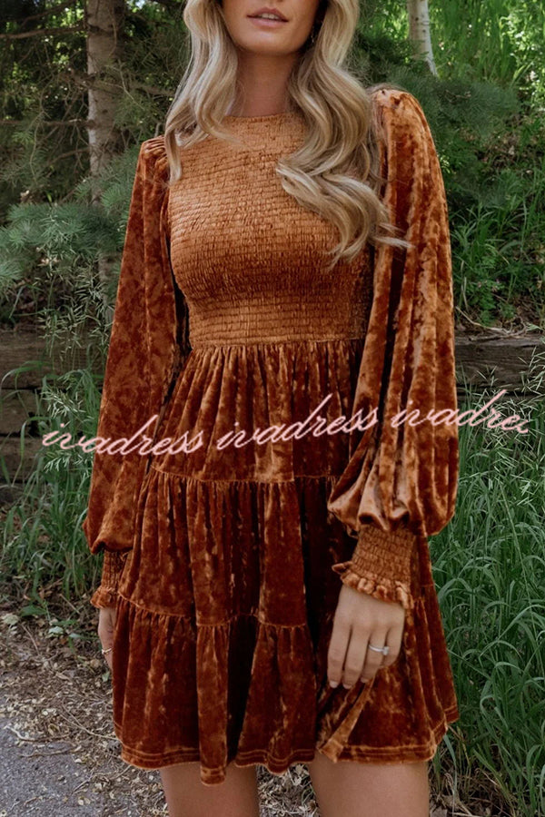 Kele Velvet Balloon Sleeve Patchwork Smocked Crew Neck Mini Dress